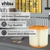 A vacuum cleaner filter with promotional text overlays, set against a background of tools and storage. Produktbild-Vorschau