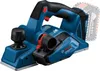 A blue and black power tool, a Bosch GHO 185-LI Akkubügeleisen, is shown against a white background. A battery pack is partially visible in the background. Produktbild-Vorschau
