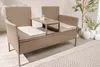 A modern outdoor bench with a built-in table, placed on a patio with a rug and decorative vases in the background. Produktbild-Vorschau