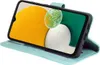A light blue flip case for a smartphone is shown open, displaying the phone's screen with a colorful abstract image. Produktbild-Vorschau