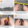 A four-panel instructional guide showing how to install a self-adhesive trim. Produktbild-Vorschau