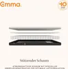 An exploded view of a mattress showing its different layers, with brand logo and promotional text. Produktbild-Vorschau