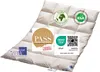 A cream-colored down comforter is laid out flat, showing its quilted pattern. Several certification logos and text labels are overlaid on the comforter. Produktbild-Vorschau
