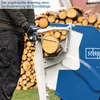 A person is using a log saw with a pile of cut logs in the background. Produktbild-Vorschau