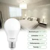 A bedroom scene with a bed, nightstands, and a large LED bulb in the foreground, along with product specifications. Náhled obrázku produktu