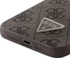 A close-up view of a phone case with a repeating Guess logo pattern and a triangular metal logo with rhinestones. Podgląd zdjęcia produktu