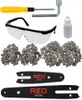 A collection of chainsaw accessories including chains, guide bars, safety glasses, and tools, laid out on a white background. Náhled obrázku produktu