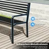 A close-up of a black metal park bench with text overlays highlighting its features. Produktbild-Vorschau