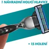 A hand holding a Gillette Mach 3 razor with replacement heads, against a teal and white background. Náhled obrázku produktu