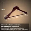 A wooden clothes hanger with dimensions and descriptive text. Produktbild-Vorschau
