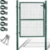 A green metal garden gate with a wire mesh infill, shown with its posts, latch, keys, and mounting clips. Podgląd zdjęcia produktu