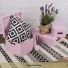 A pink wooden storage box with a black and white patterned pillow inside, placed on a rug with a lavender plant and other pink boxes in the background. Produktbild-Vorschau