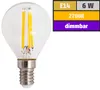 A clear product shot of an LED filament light bulb next to a graphic displaying its specifications. Produktbild-Vorschau
