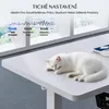 A white cat sleeping on a white desk with informational text and graphics above. Náhled obrázku produktu