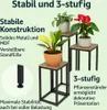 Three plant stands of varying heights, each holding a potted plant, arranged in a staggered formation against a light green background. Text overlays describe the product's features. Produktbild-Vorschau