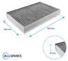 A product shot of a cabin air filter with dimensions indicated. Produktbild-Vorschau