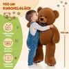 A child hugging a large teddy bear, with marketing text and icons on the left side. Produktbild-Vorschau