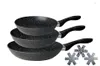 A stack of three black frying pans with a speckled marble-effect coating and black handles, along with three decorative metal trivets. Podgląd zdjęcia produktu
