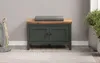 A green storage bench with a wooden top and a gray cushion sits in a room with a gray wall and a striped rug. Anteprima dell’immagine prodotto