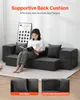 A woman is sitting on a gray sofa, reading a book. The sofa is modular and can be configured in different ways. There are inset images showing pillows and the backrest curve. Voir les images du produit