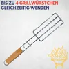 A metal grill basket with a wooden handle, designed to hold and turn sausages, is shown against a textured white background. A stylized illustration of a grill with flames is in the lower right corner. Produktbild-Vorschau