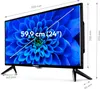 A television with dimensions and screen size indicated by text overlays. Produktbild-Vorschau