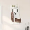 A white wall-mounted shelf with hooks, decorated with a scarf, keys, and a handbag. Náhled obrázku produktu