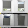 A collage of four images showing a gray pleated blind on a window in different positions and orientations. Produktbild-Vorschau