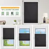 A collage of images showing a dark grey pleated blind for a window, with text overlays describing its features and different installation options. Produktbild-Vorschau