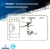 Diagram showing how a Tecuro Anschlusszwischenstück is used to connect a washing machine drain hose to a sink siphon. Produktbild-Vorschau