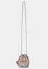 A small, gray cat-shaped coin purse with a slice of pizza in its paws, hanging from a silver chain against a plain gray background. Produktbild-Vorschau