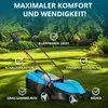 A blue electric lawnmower is shown on a green lawn with trees in the background. Text overlays highlight features. Náhled obrázku produktu