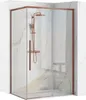 A corner shower cabin with a copper frame and shower fixtures, set against a marble-tiled wall. Náhled obrázku produktu