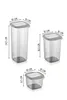 Three clear plastic food storage containers of different sizes are shown with dimensions indicated by measurement lines and text. Náhľad obrázku produktu