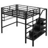 A black metal loft bed with stairs and shelves, shown against a white background. Náhled obrázku produktu