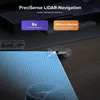 A robot vacuum cleaner is shown on a tiled floor, with a blue light projection indicating its navigation system. Text overlays describe its features. Produktbild-Vorschau