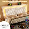 A bed with a tufted headboard and LED lighting, featuring charging ports and a smartphone app interface for controlling the lights. Náhľad obrázku produktu