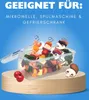 A clear plastic food storage container filled with skewers of food, placed on a wooden surface with a blue background. Text overlays describe its suitability for various kitchen appliances. Voir les images du produit