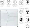 A white dresser with a modern geometric design, accompanied by informational graphics and text detailing its features and specifications. Produktbild-Vorschau