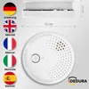 A smoke detector is shown with dimensions and multilingual instructions. Produktbild-Vorschau