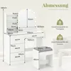 A diagram showing the dimensions of a white vanity table and stool, with weight capacity information. Voir les images du produit