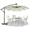 An outdoor patio set with a large cantilever umbrella, a table, and four chairs, set against a white background. Produktbild-Vorschau