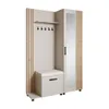 A modern entryway storage unit with a mirror, hooks, and a bench with storage. Produktbild-Vorschau