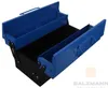 An open blue metal toolbox with black interior compartments, shown from a slightly elevated side angle. Produktbild-Vorschau