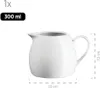 A white ceramic creamer jug with dimensions indicated. Produktbild-Vorschau