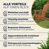 A wooden Adirondack chair is shown on a lawn with text highlighting its features. Produktbild-Vorschau