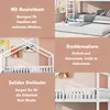 Collage of images showing a white bunk bed with a pull-out bed, decorative elements, and safety features. Náhľad obrázku produktu