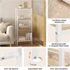 Collage of images showing a white and wood tone shelving unit, with close-ups of its features and material. Produktbild-Vorschau