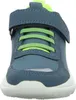 A close-up front view of a blue child's sneaker with neon green laces and accents. Produktbild-Vorschau