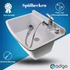A marketing image of a white sink with a faucet, pull-out hose, and soap dispenser, set against a blue and white background with text overlays highlighting features. Produktbild-Vorschau